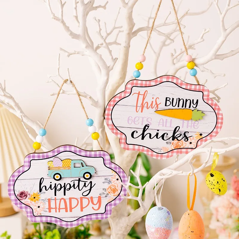 Easter Decoration Plaid Edge Letter Bead String Wooden Pendant Colorful Wood Door Sign Hanging Ornament For Home Festival Party