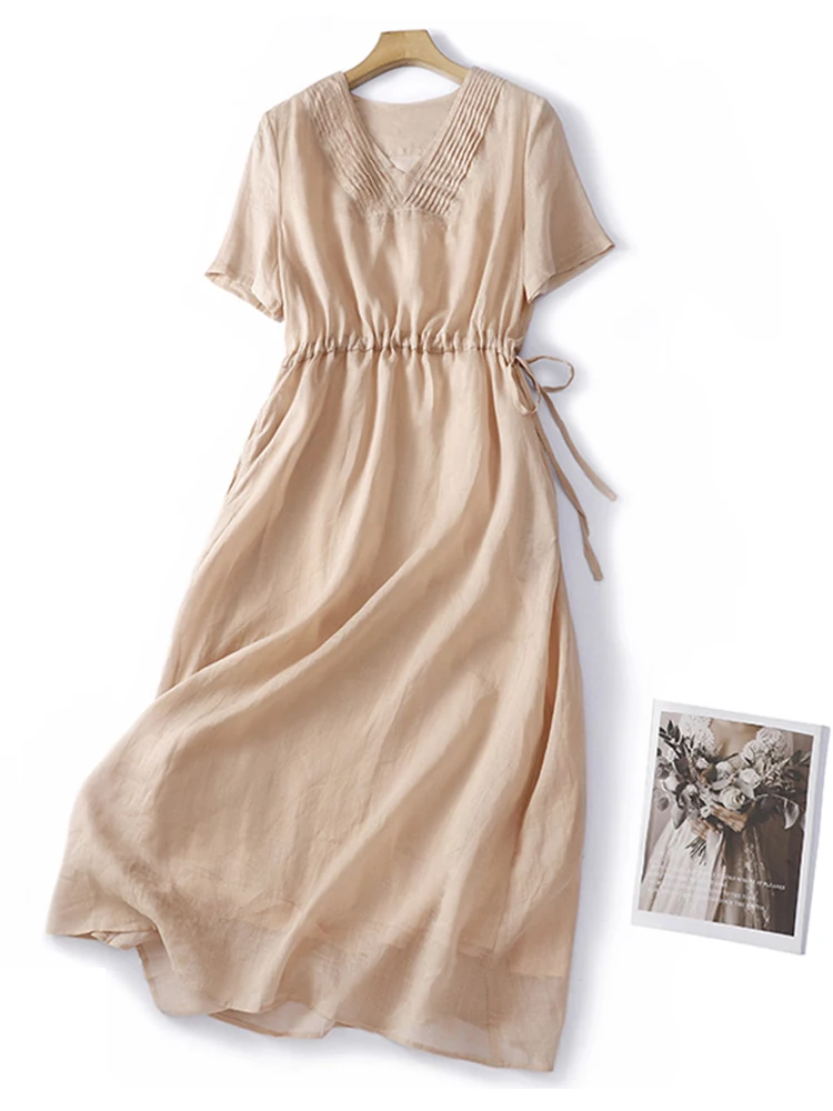 

2024 New Summer Short Sleeve V-Neck High Waist Women Midi Dresses Organ Pleats V-Neck Party Dress Cotton Blend Pink Sundress