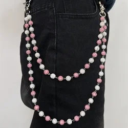 1pc Hip Hop Jewelry Wallet Chain 10mm Pink White Disco Rhinestone Beads Pendant Bag Pocket Pants Jeans Chain