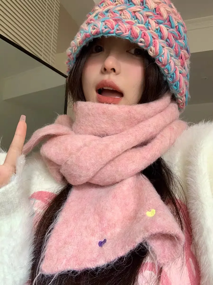 

Cute Pink Woolen Scarf For Women New Winter 2025 Model With A High-End Feel Extra Thick And Warm Knitted Neck Warmer
