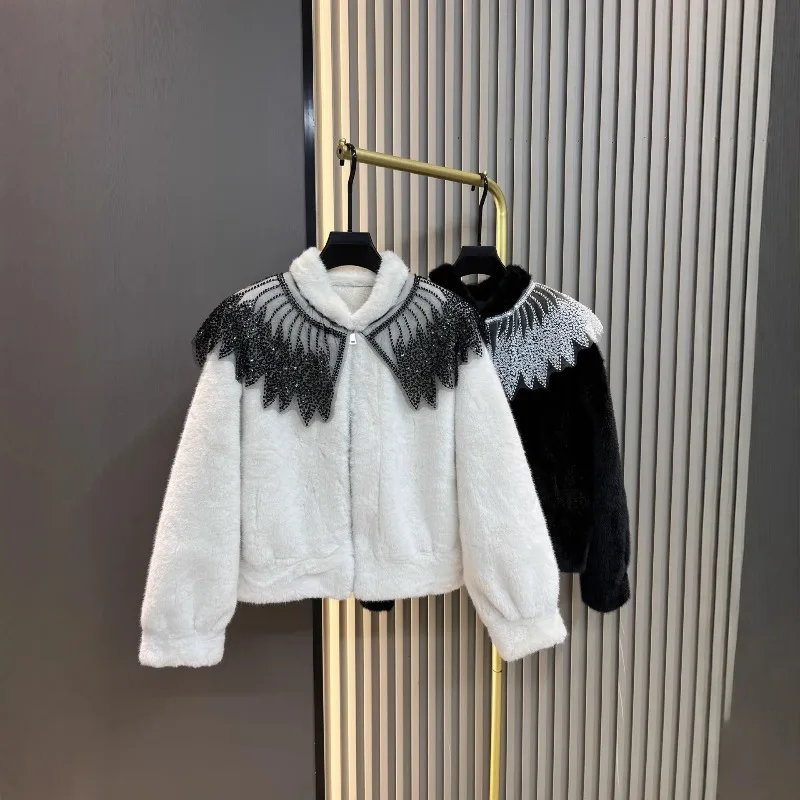 Unique Design Zipper Short Lace Shawl Imitation Mink Fur One-Piece Furry Coat Top 25 Autumn Winter New Faux Fur Jacket Outerwear