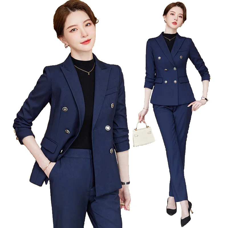 Fashion Ladies Pant Suit Women Business Work Wear Double Breasted Slim Blazer And Trouser Black Blue Green Formal 2 Piece Set