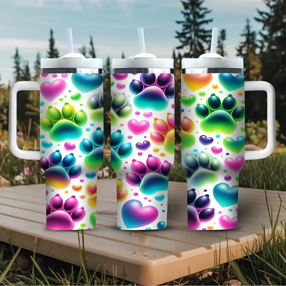 40oz Tumbler with Handle, Features Colorful Paw Print And Heart Pattern, Fits Both Hot And Cold Drinks, Ideal for Pet Lovers for Daily Use, Outdoor Travel, Hiking And Camping Trips