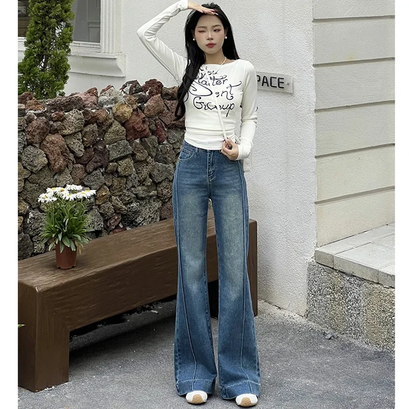 

Широкие джинсы с высокой талией, женские винтажные свободные универсальные утягивающие брюки длиной до пола, весна 2025 г., синие джинсовые брюки