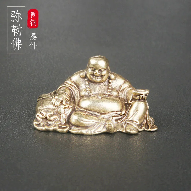 Brass Maitreya Buddha desktop ornaments, fortune and fortune double to solid Buddha statues, bronze carving handicrafts cultural