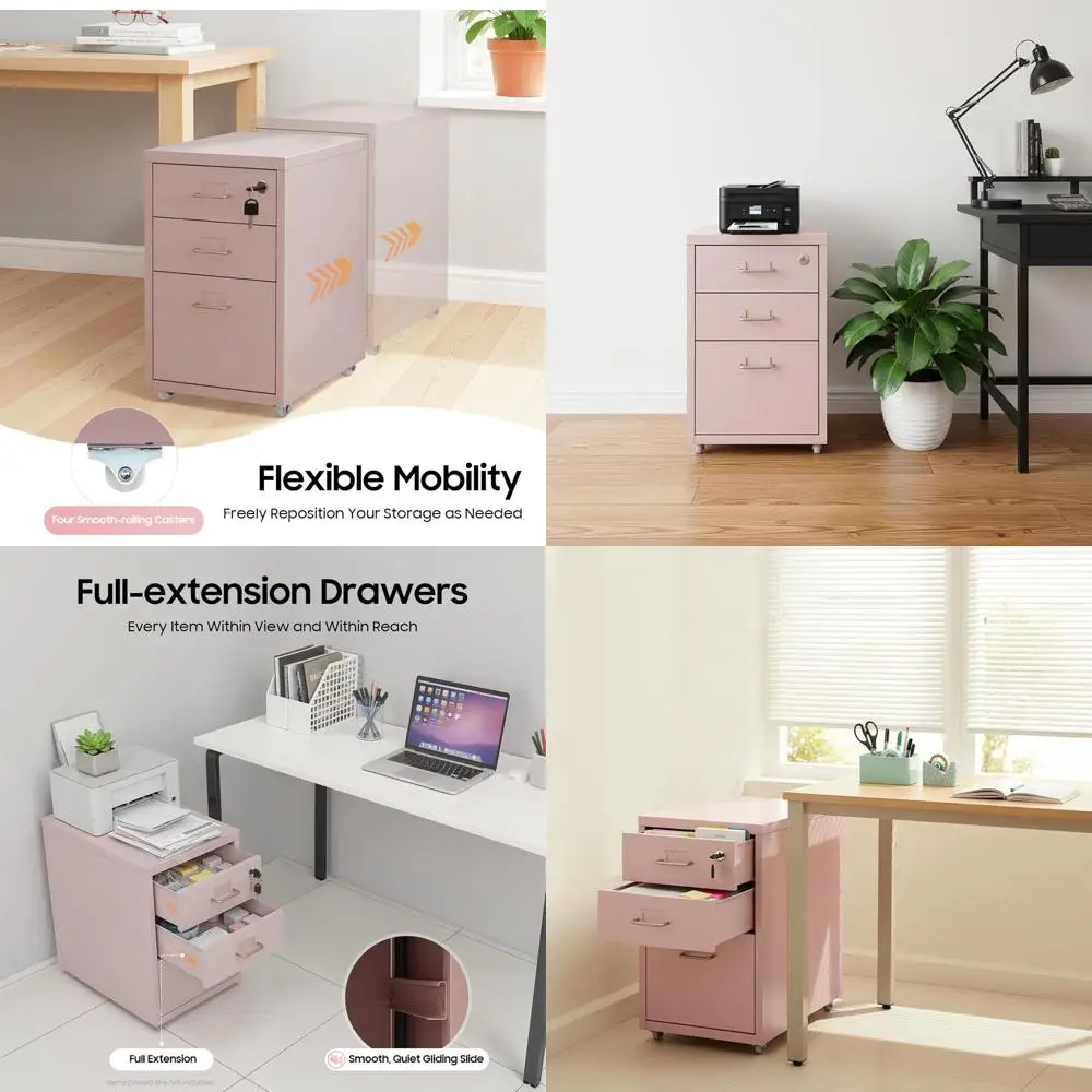

Розовый вертикальный металлический шкаф для документов с 3 выдвижными ящиками и замком, мобильное хранилище под столом, съемные ящики для офиса и дома