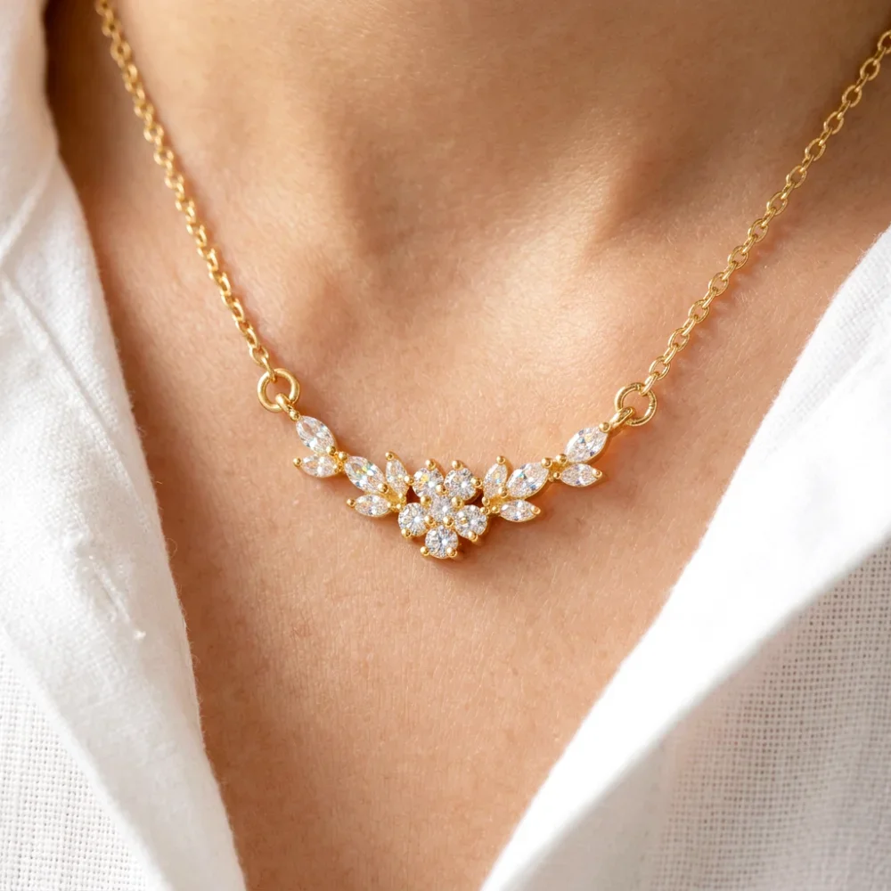 Dainty Sparkling Marquise CZ Floral Leaf Stainless Steel Waterproof Necklace for Women Smile Bar Pendant Choker Chains Jewelry