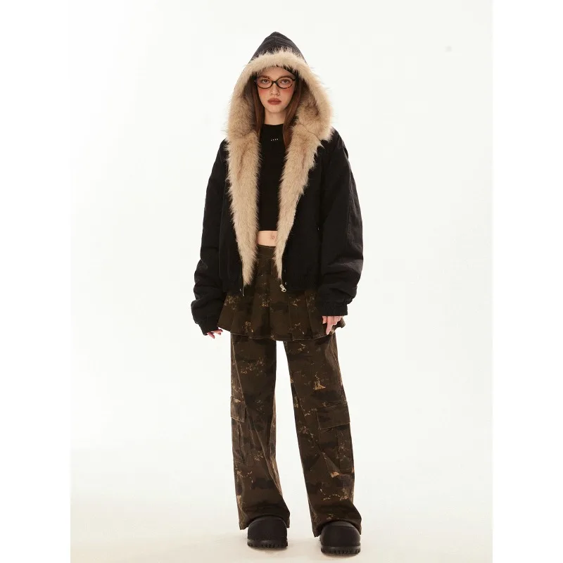 Pelzkragen-Kapuzen-Baumwolljacke für Damen, warmer amerikanischer Street-Style-Winter, High-End-Mantel, Damenbekleidung