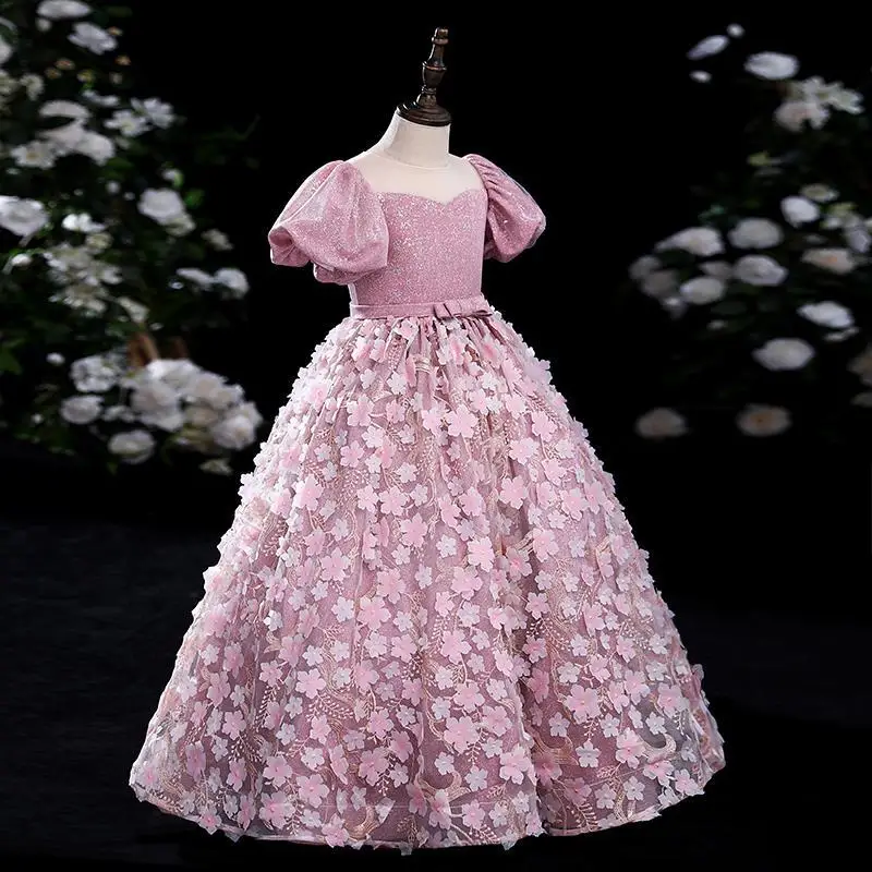 Children\'s Dress 2023 Spring New Girls Fluffy Piano Performance Dress Flower Girl Host Elegant Catwalk Show Evening Dress