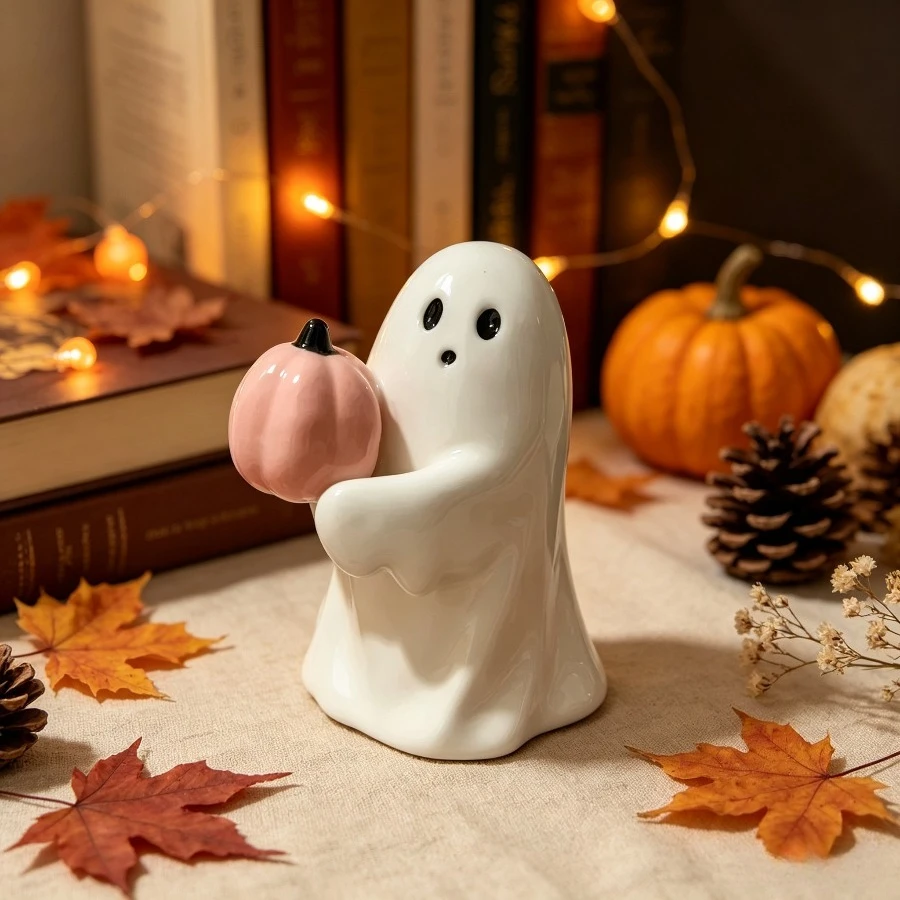 Cute Ghost Hug Pink Pumpkin Bat Resin Statue Creative Halloween Home Desk Decor Spooky Gift Collection Ornament Set