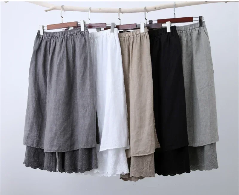 100% Cotton Linen Mori Girl Floral Embroidery Hem Wide Leg Pants Skirt Aesthetic Fairy Grunge Medieval Loose Distressed Trousers