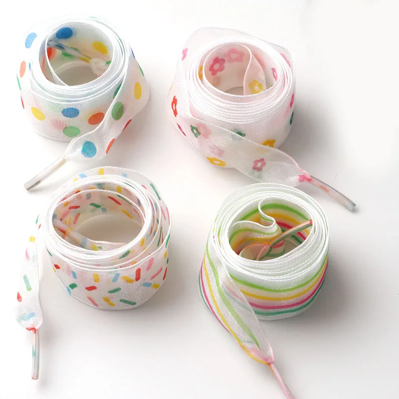 1Pair White Dot Flower Tulle Shoelaces Cute Sweet Satin Ribbon Transparent Sheer Bow Tie Elegant Ballet Style Laces for Shoes