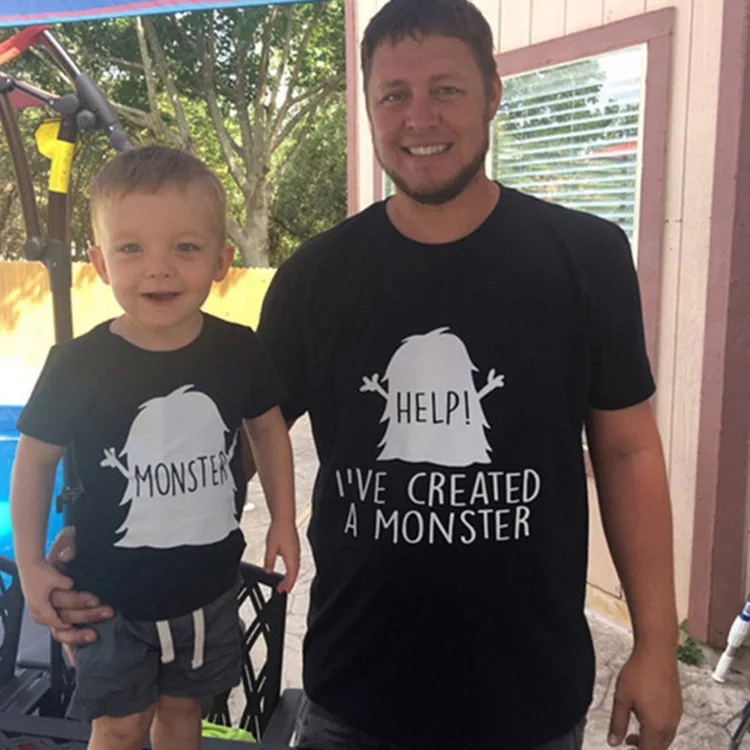 

SKMY O-Neck Letters help i've created a monster Print Short Sleeve T-Shirts 2024 Summer New Father Kids Family Matching Outfits