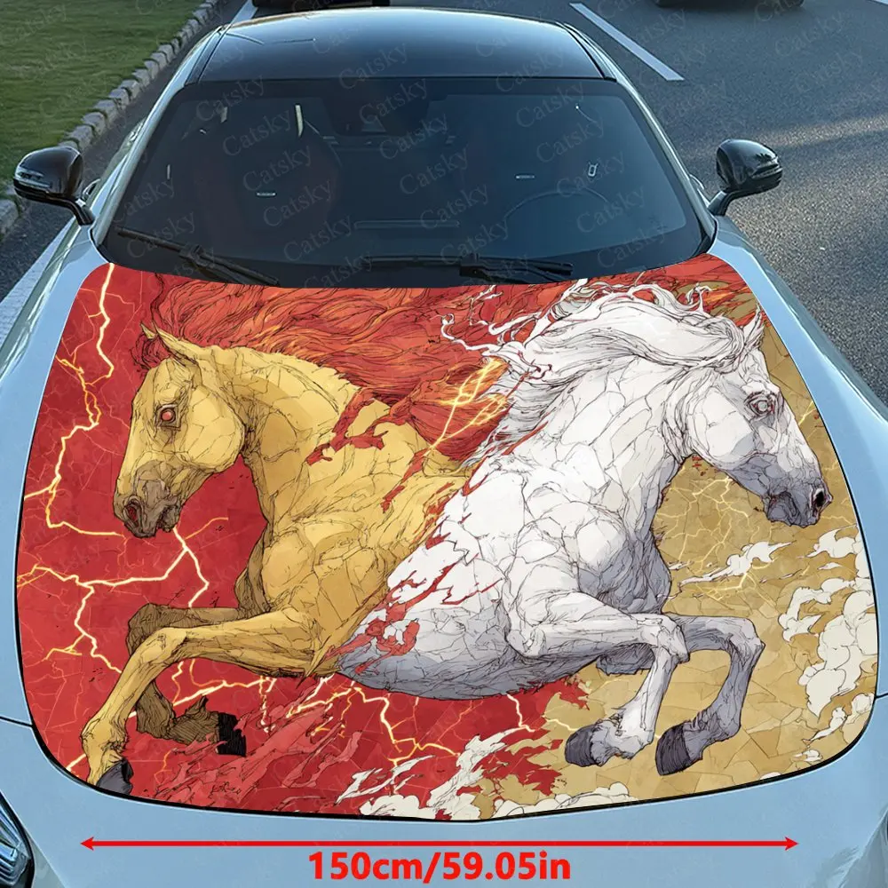 Lightning And Two Horses Car Sticker Paper, PVC Waterproof Engine Hood Sticker, Self-adhesive Scratch Resistant Sticker, Suitabl
