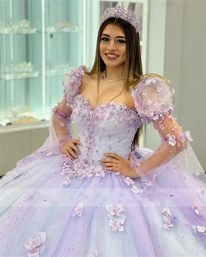 Lorencia Lilac Princess Quinceanera Dress Ball Gown Long Sleeve Flowers Appliques Beading Corset Sweet 16 Dress Vestidos YQD336