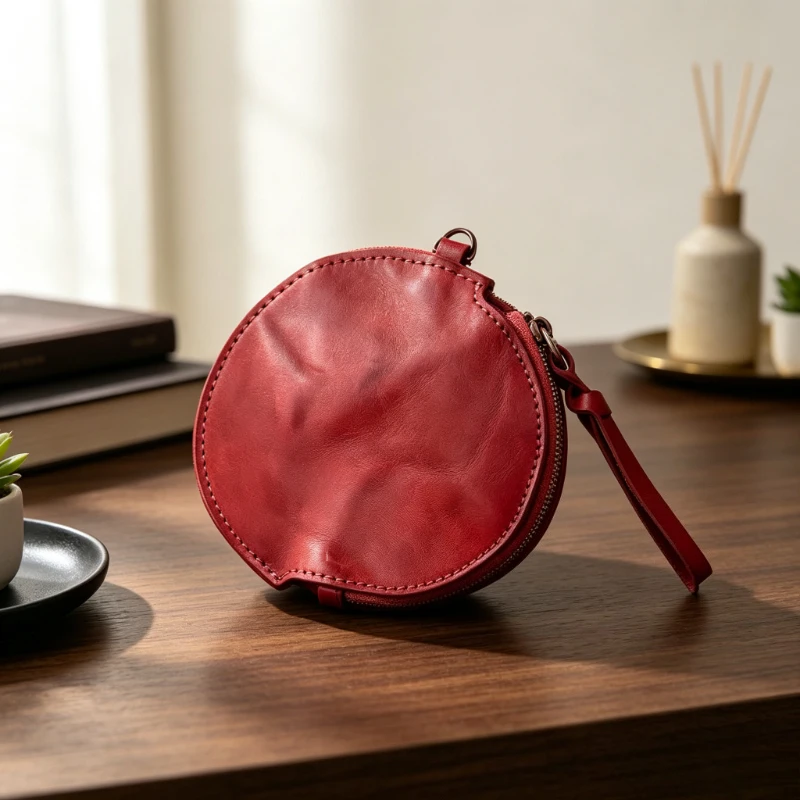 Vintage Round Genuine Leather Coin Purse Distressed Small Wallet Card Holder for Cash Coins Portable Daily Use 가죽 동전지갑