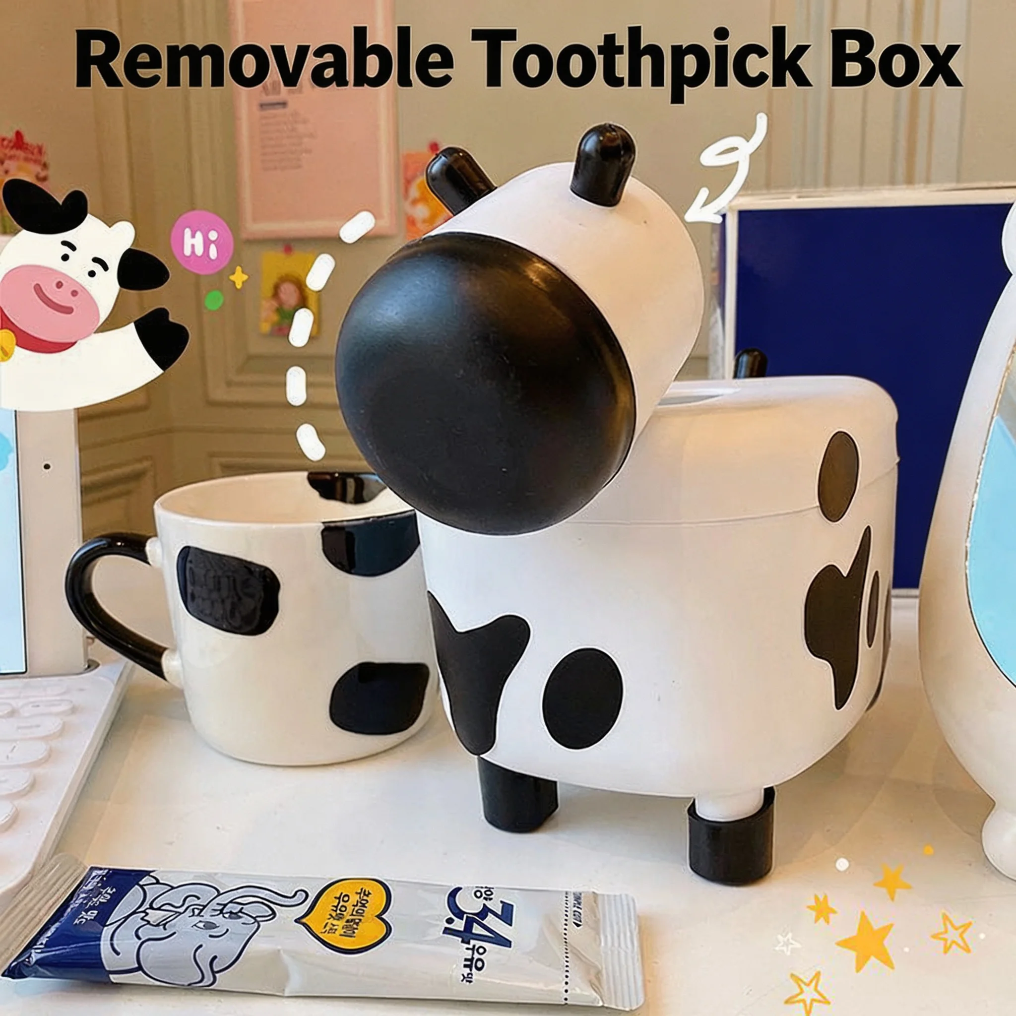 Cute Cow Tissue Box Holder with Removable Toothpick Holder ABS Plastic Napkin Dispenser Funny Kitchen Table Decor Organizer
