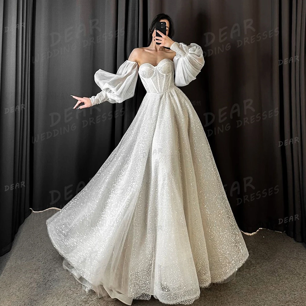 

Simple Sparkle Wedding Dresses A Line Woman's Sexy Sweetheart Sequined Bridal Gowns Long Sleeve Princess Elegant Party Vestidos