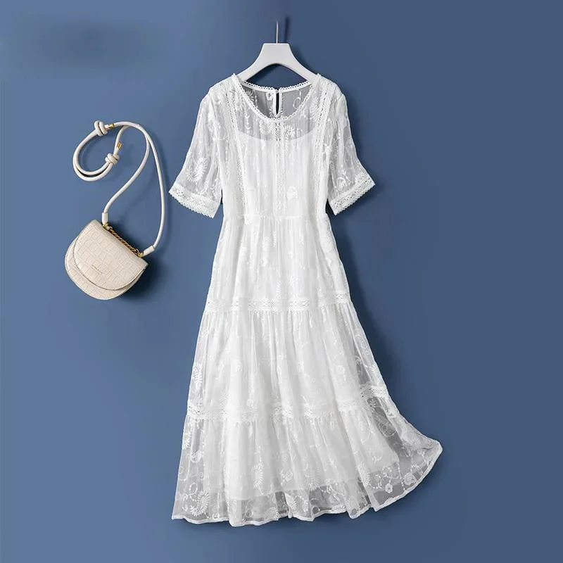 100% Silk Summer Dress 2024 Short Sleeve Dress Midi Beach Dresses For Women Casual White Clothes Vestido De Mujer Pph4112