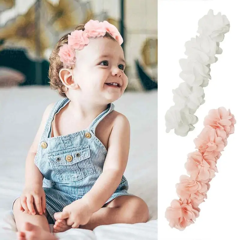 Baby Flower Crown Headband Chiffon Flower Wreath Pink Ribbon Hair Bands Children Girls Handmade DIY Headwear Hair Accessories