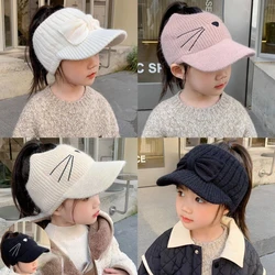 Kids Girls Woolen Hats Baby Girls Cute Autumn Winter Clothing Knitted Cat Printed Caps Princess Cute Cover Ear Bow Caps
