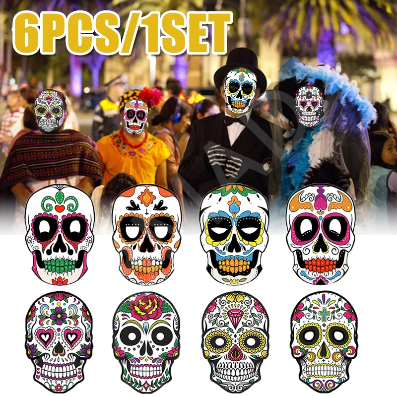 6-60PCS Halloween Colorful Skull Masks Mexican Day of The Dead Paper Mask Set for Party Masquerade Theme Decor DIY