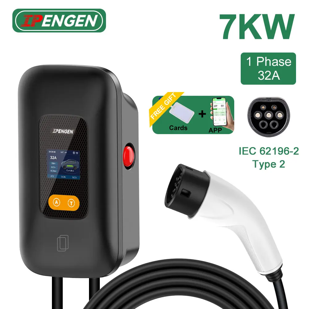 IPENGEN 7KW Type2 EV Charger Station 32A 1Phase Electric Vehicle Car Charger IEC62196-2 EVSE Wallbox Charging With APP Control