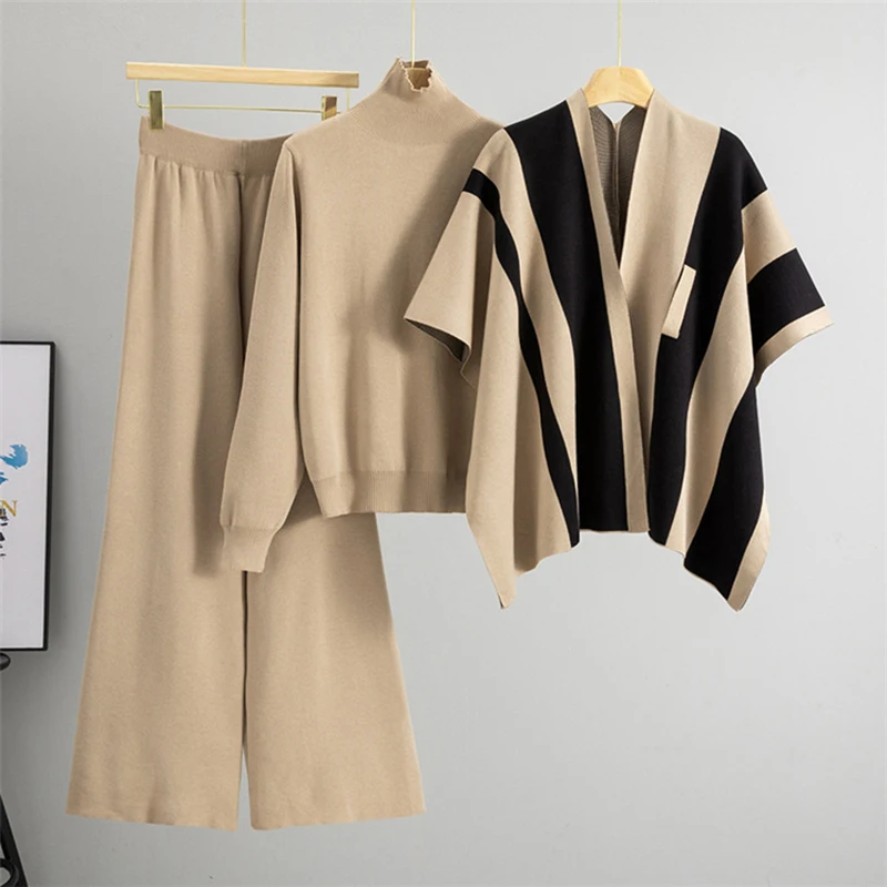 

Французский модный полосатый вязаный костюм, винтажный шаль, свитер с высоким воротником, широкие брюки, офисные женские элегантные повседневные костюмы из 3 предметов