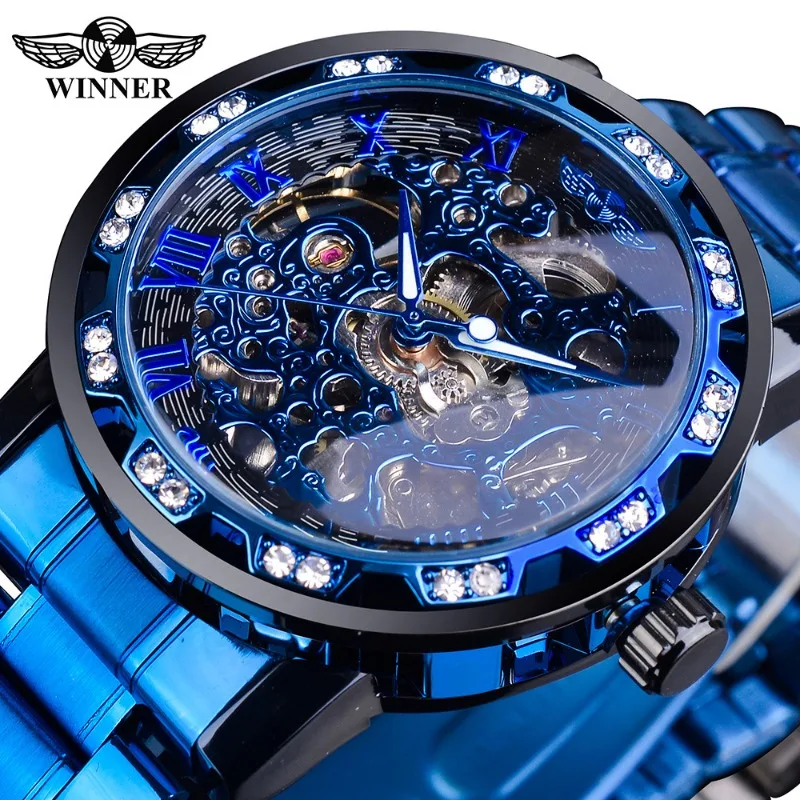 

Winner Transparent Diamond Mechanical Watch Blue Stainless Steel Skeleton Watch Top Brand Luxury Business Luminous Male Clock