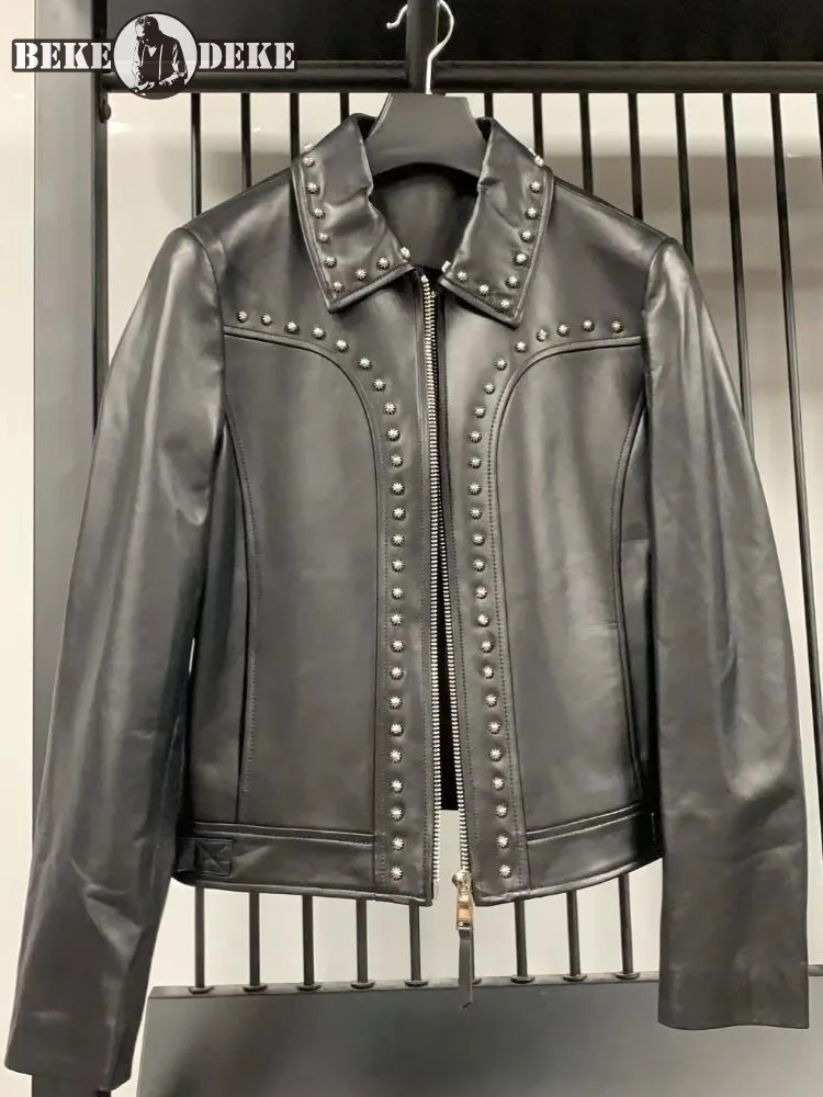 Office Ladies Handmade Slim Short Genuine Leather Jacket Rivet Zipper Long Sleeves Lapel Solid Color Sheepskin Outerwear