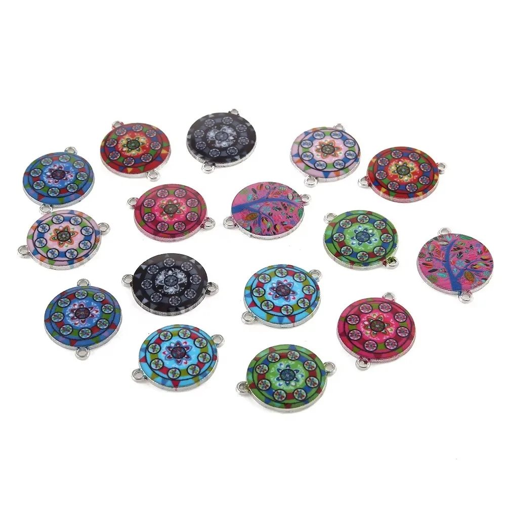 10 adet 19*19mm Mix el yapımı Diy çift delik dairesel oyma emaye yuvarlak Charms alaşım kolye baskı aksesuarları için kolye
