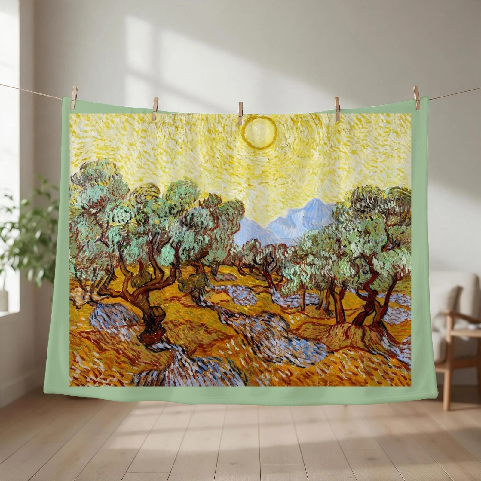 Van Gogh - Olive Trees with Yellow Sky and Sun Throw Blanket couch cozy soft plush fuzzy picnic outdoor blanket