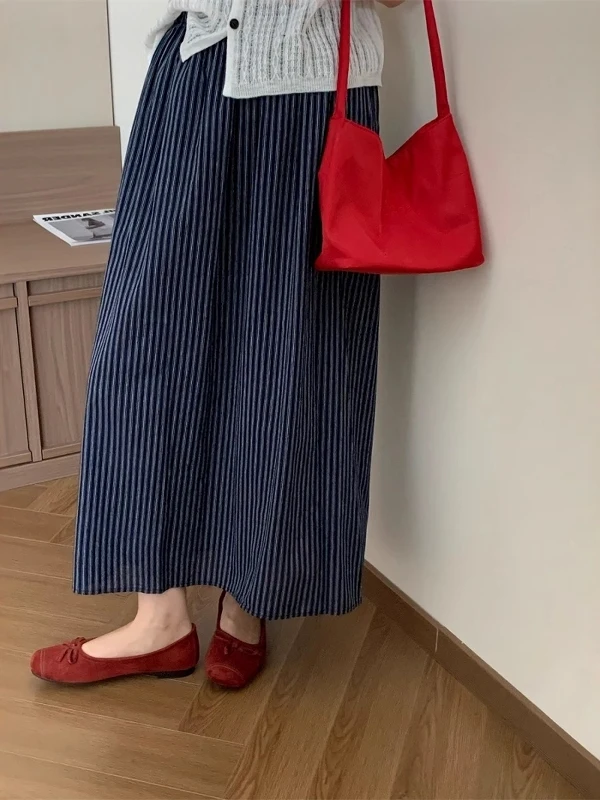 

Trendy plus Size Midi Skirt with Elastic Waist Stripes Korean Sle Commute Cotton Summer Long Skirts High Waist A-Line Skirt