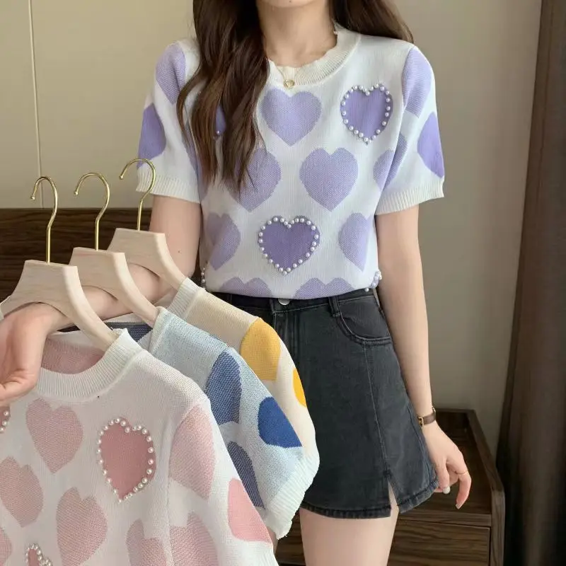 Sweet Elegant Women Knit Top O-Neck Short Sleeve Pullover Summer Casual T-Shirt Korean Office Lady Pearl Splice Love Home wear