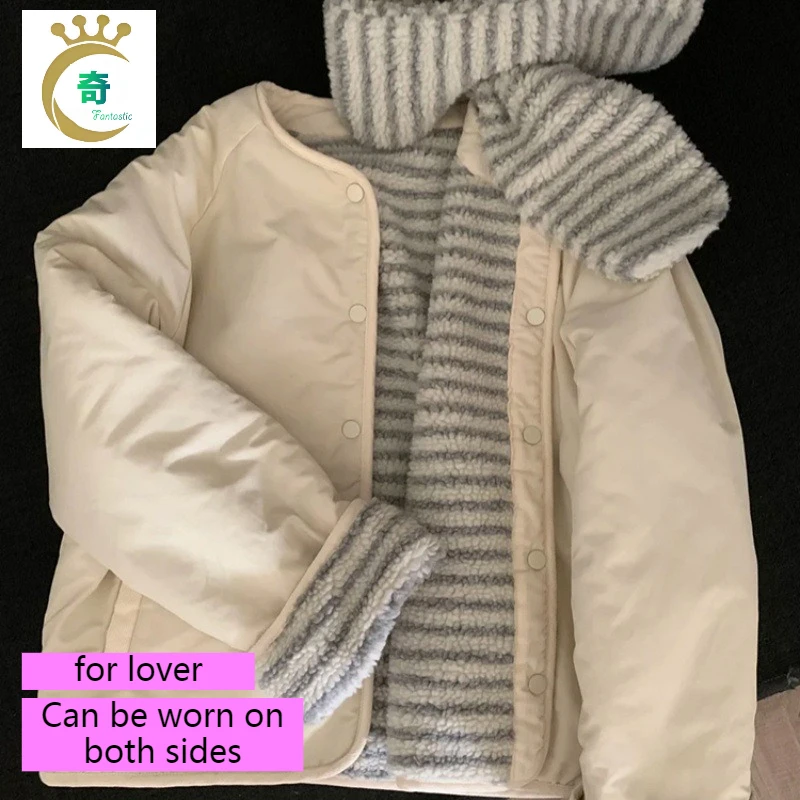 

Синяя абрикосовая милая двусторонняя флисовая куртка, хлопковая женская новинка 2025 года, популярная новая зима с шарфом, утолщенный универсальный топ