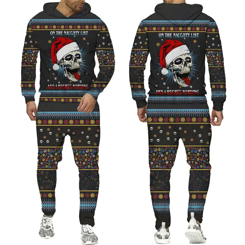 

New 3D Printing Christmas Skull Fashion Men Women Tracksuits Crewneck Hoodies+pants Plus Size S-7XL Harajuku