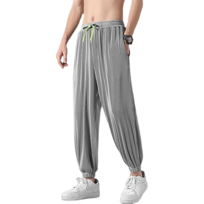 Men's Ice Silk Sport Pants Mosquito-Resistant Ultra-Thin Summer Casual Loose Leg Wide Footwear Match All Seasons