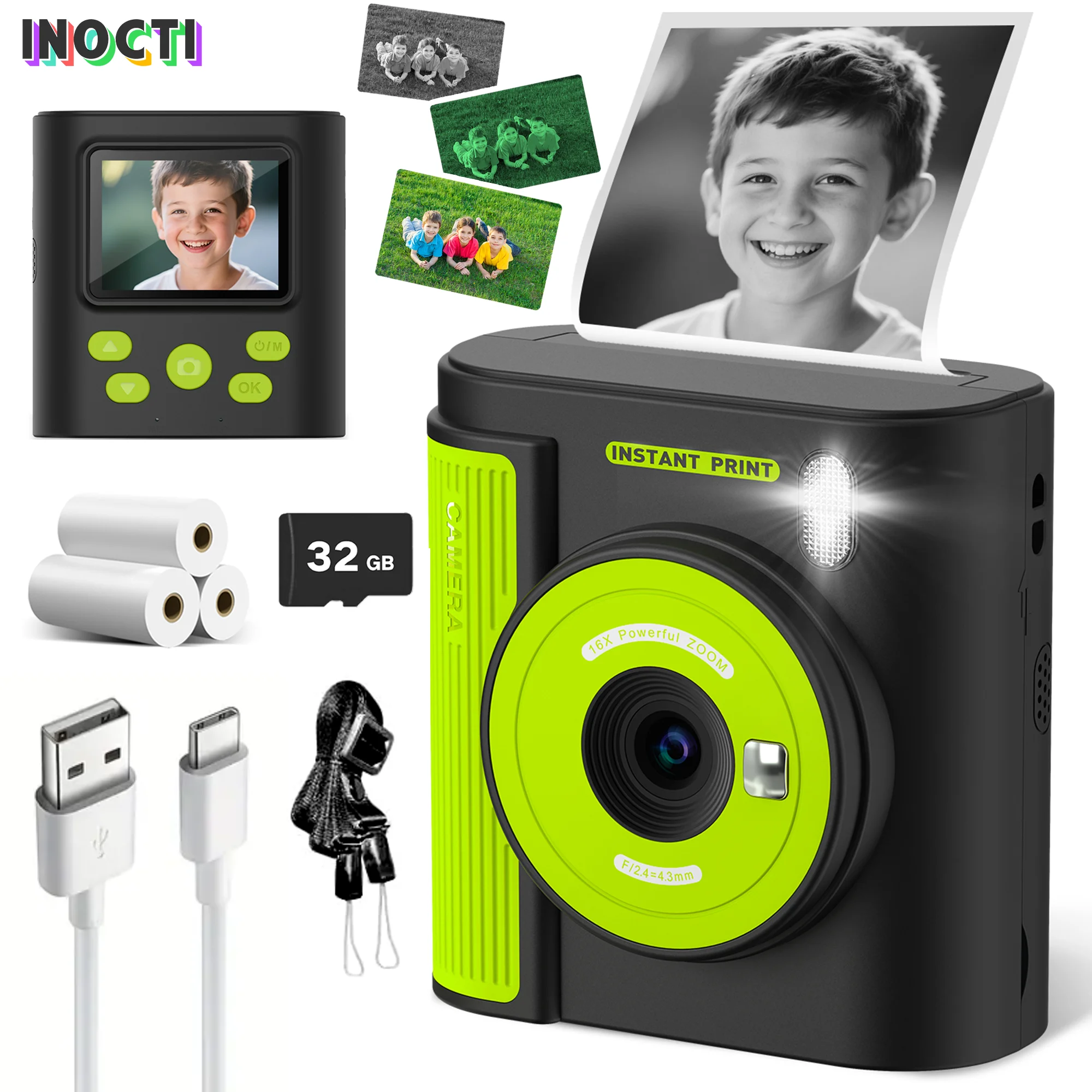 

INOCTI Kids Print Camera, Toddler Digital Camera, Three printing paper&32G Card, for Girls Boys Christmas Birthday Gifts