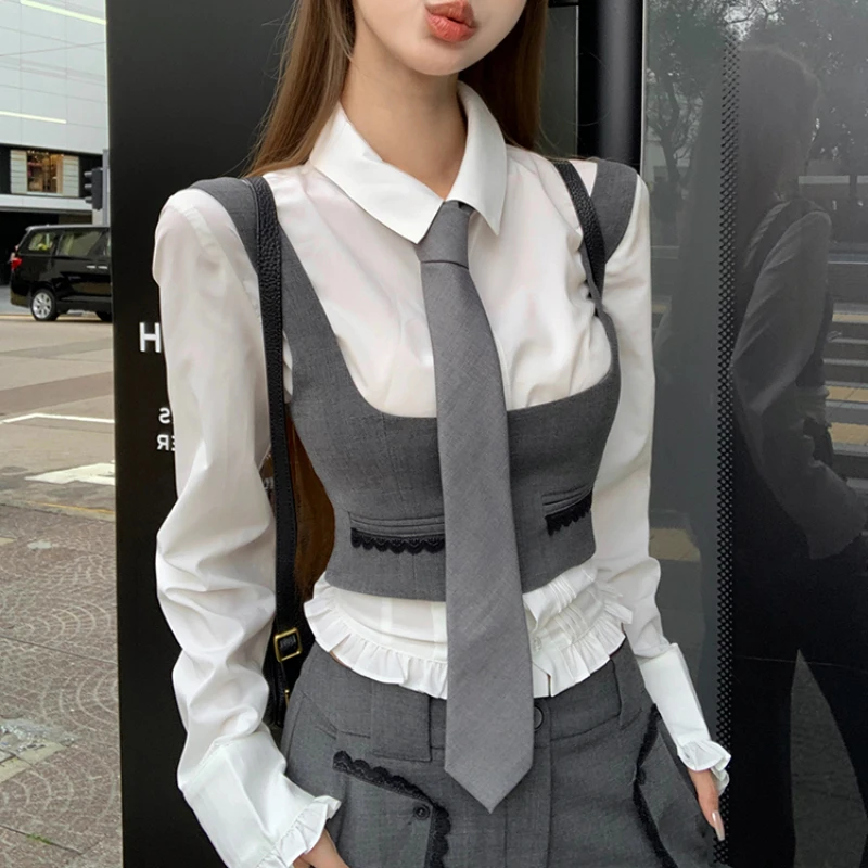 Spring 2024 New Korean Polo Collar Casual Shirt Women + Contrast Color Patchwork Wide Leg Pants + Vest + Tie Four-piece Suit