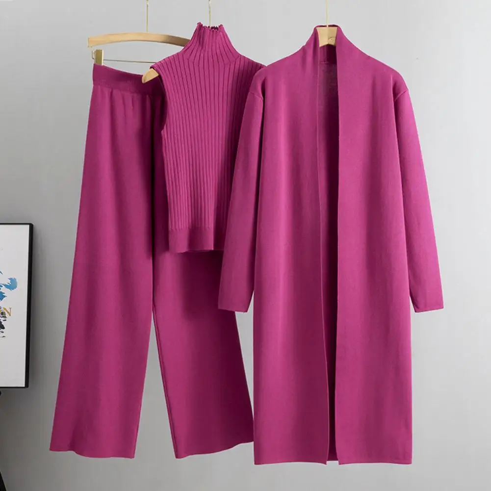 Solid Color Vest Cardigan Pants Knitted Women's 3-piece Set Sleeveless Top Cardigan Coat Wide Leg Trousers Fall/winter Fashion