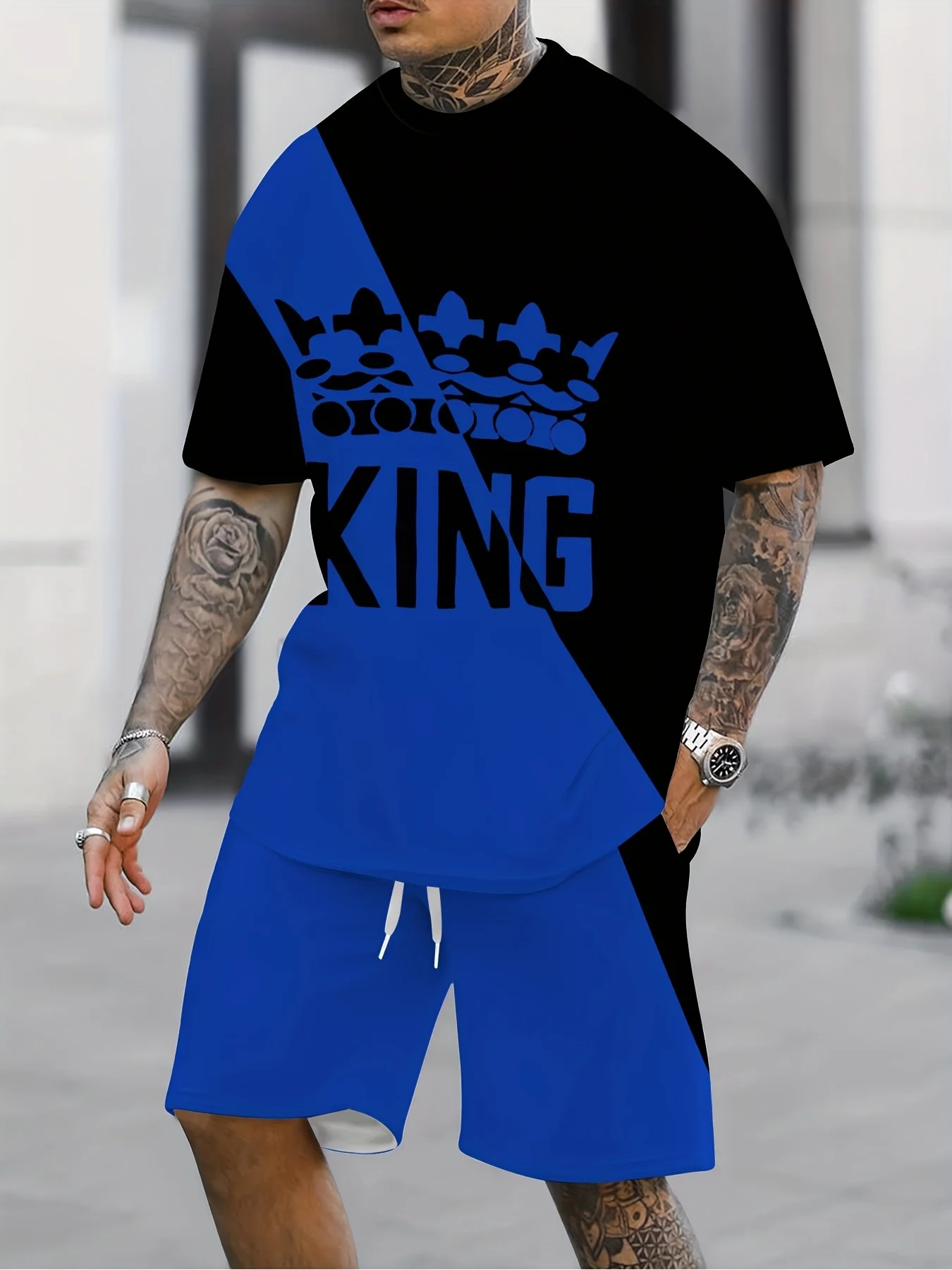 New Summer Men's Set Men's Street King Print T-Shirt Two-Piece Set 3D Printed Casual Wear Loose-Fit Crew Neck Beach Sports Set
