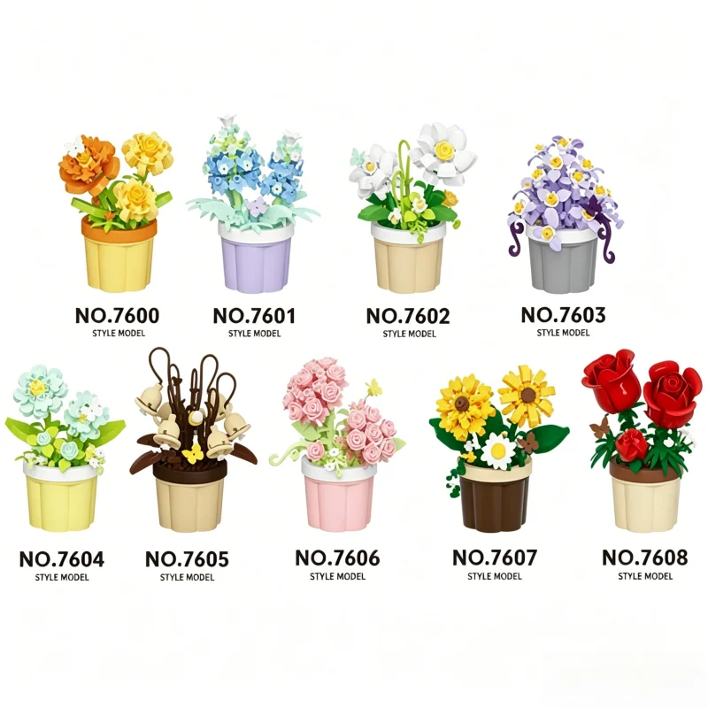 Creative mini flowerpot building block set, stackable flower building block toys, realistic artificial flower bonsai decorations
