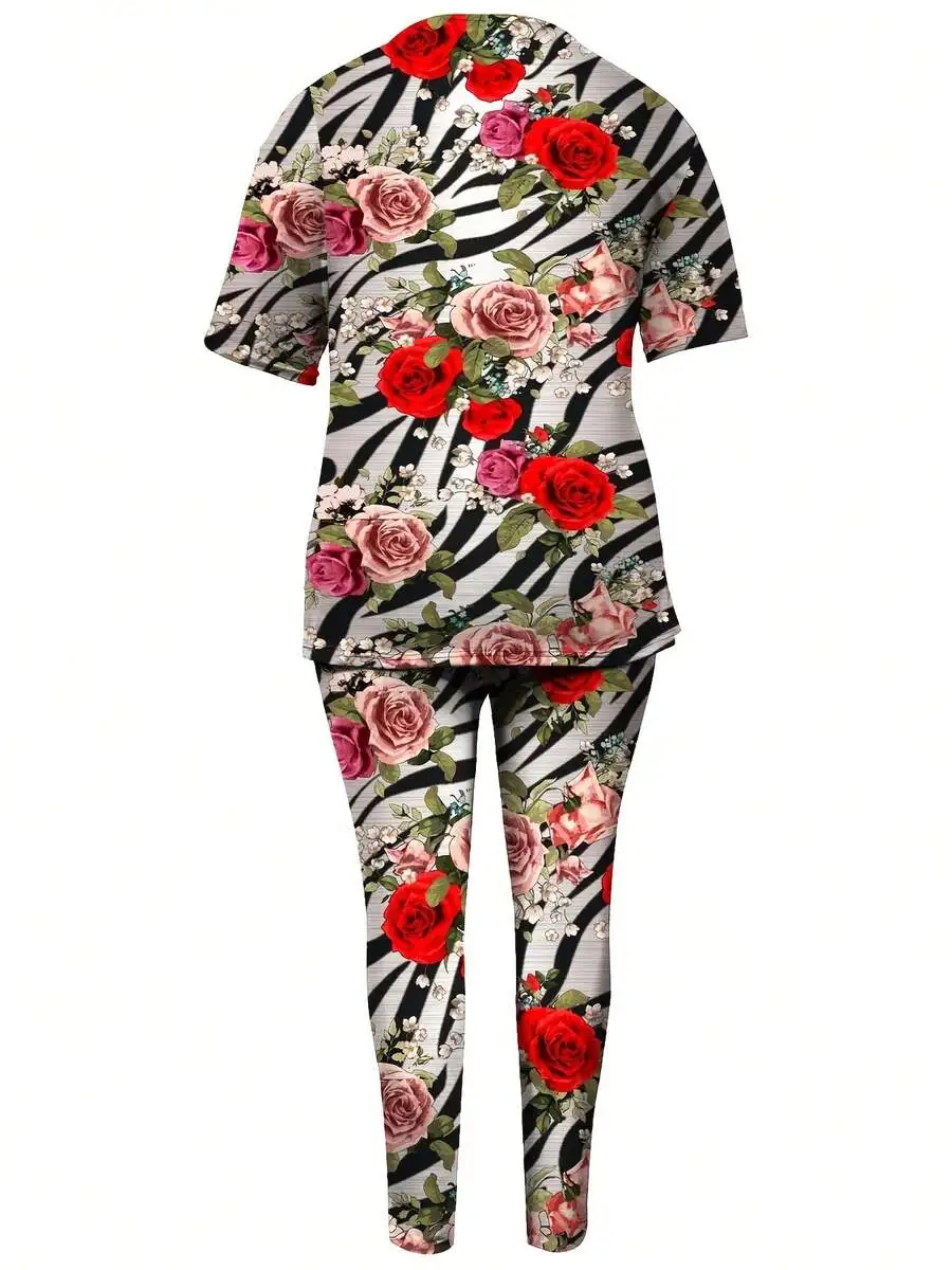 

2pcs Floral And Stripe Print Plus Size Women Short Sleeve T Shirt With Pants Casual Home Leisure Set
