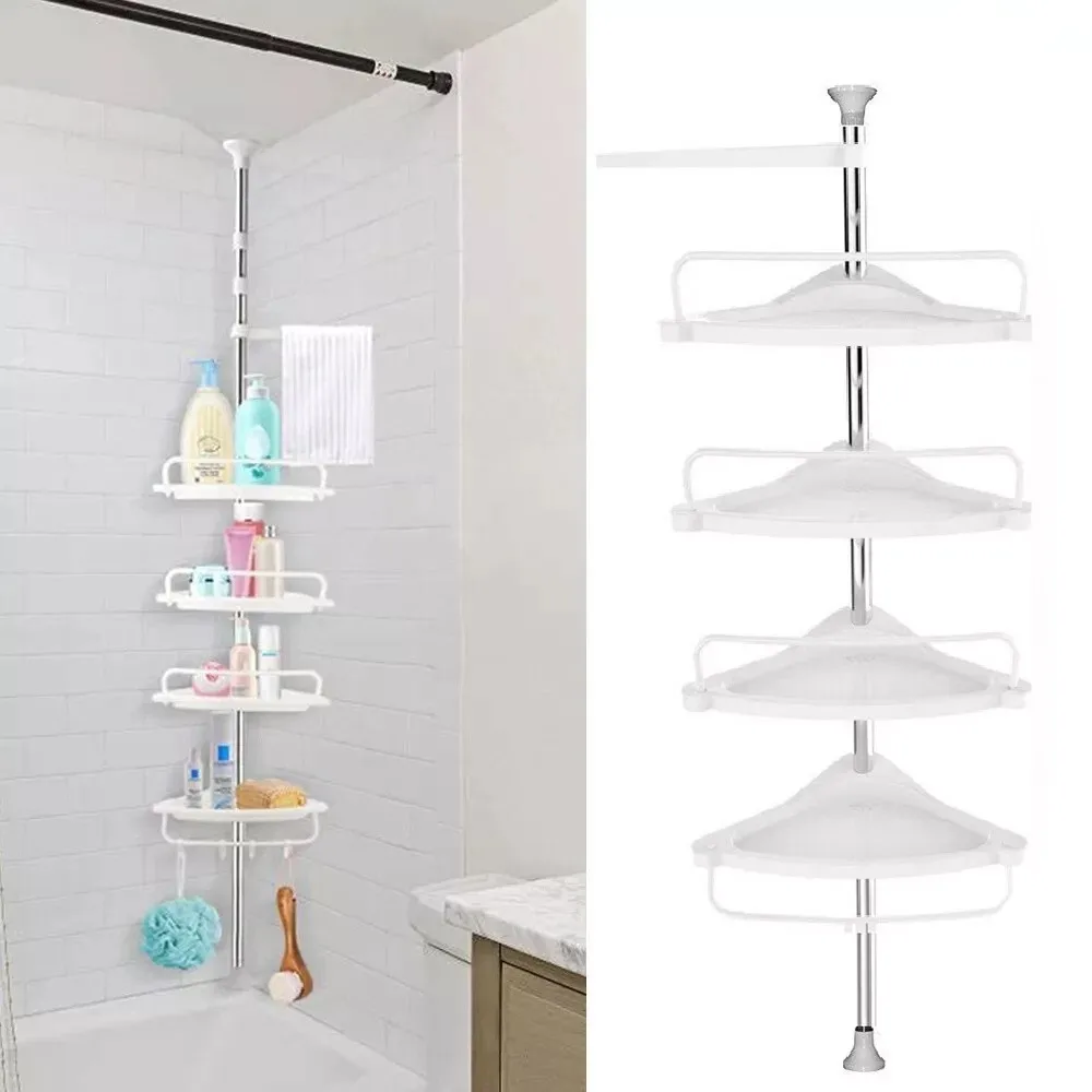 Badezimmer-Aufbewahrungsregal, 4-lagig, teleskopisch, für Badezimmer, Wand-Eckregal, Dusch-Aufbewahrungsorganisator mit verstellbarem Tablett und Stange
