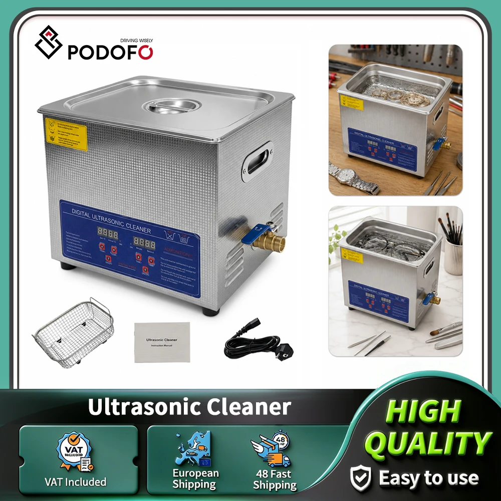 Limpiador Ultrasónico Podofo de 10L con Calentador, Modelo PS-40A, 40kHz, Máquina de Limpieza Ultrasónica Profesional de 250W, Calentamiento, Temporizador Digital de 1-30 Minutos, 20-60 ° Control de Temperatura C