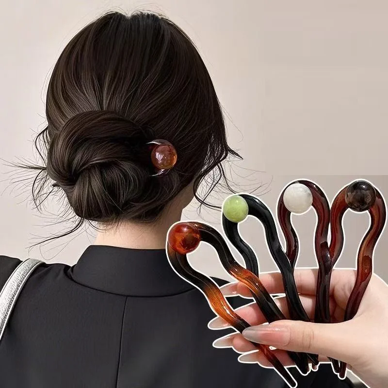 Fashion Colored Pearl U-Shaped Chinese Hair Sticks Vintage Fork Bun Acrylic Sword Hairpin for Women Hair Accessories FZAN03