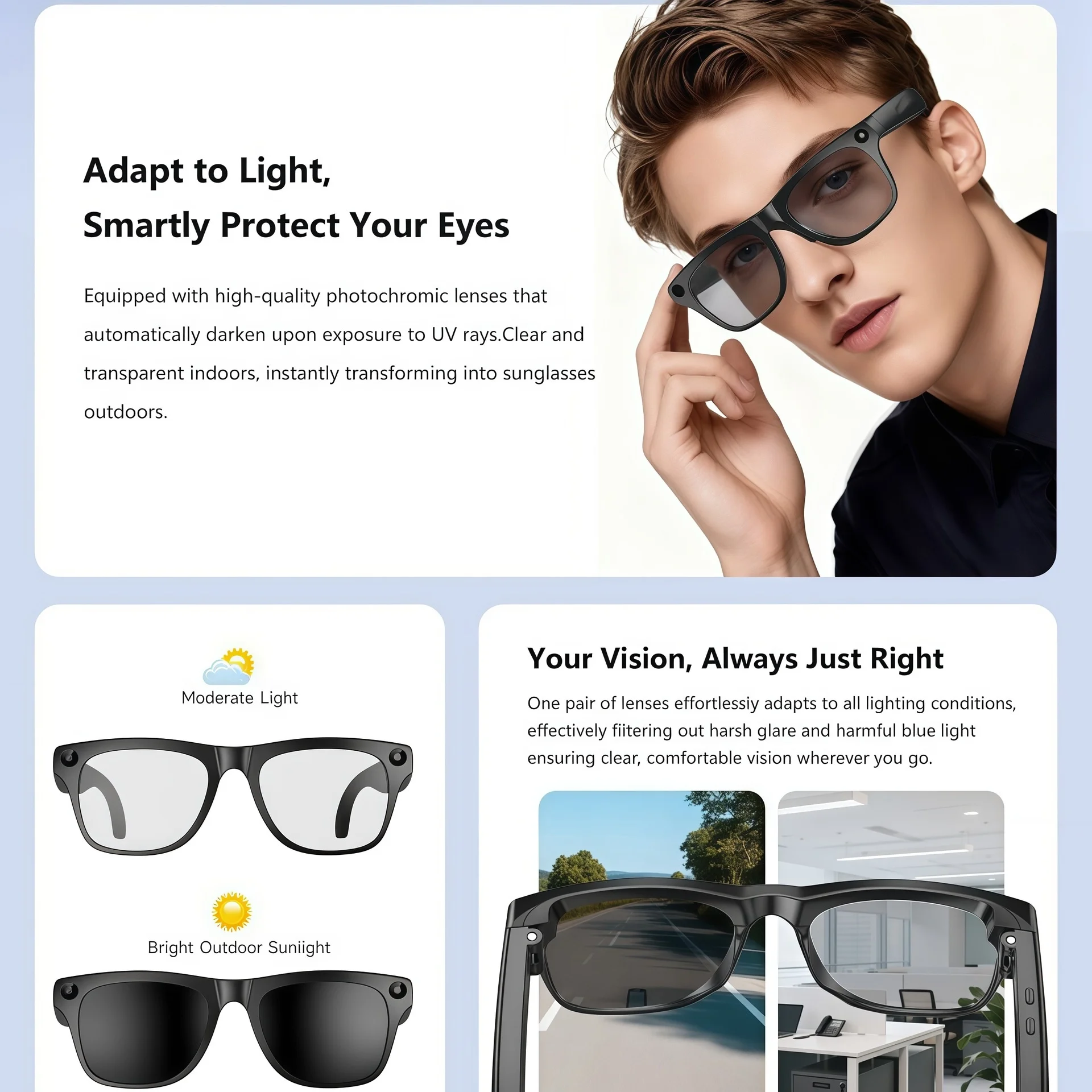 Multi Function AI Smart Glasses Real Time Translation Video Recording Color Changing Lens Touch Control Outdoor Eyewear