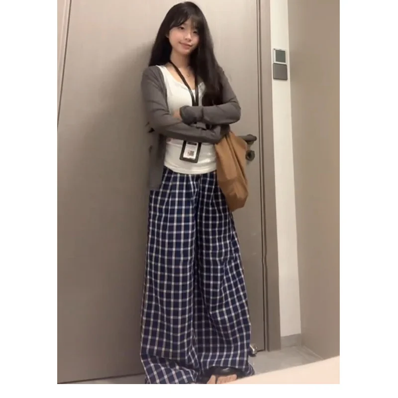 Checkered Pants Women Summer New High Waist Loose Casual Trousers Lazy Style Flowy Design