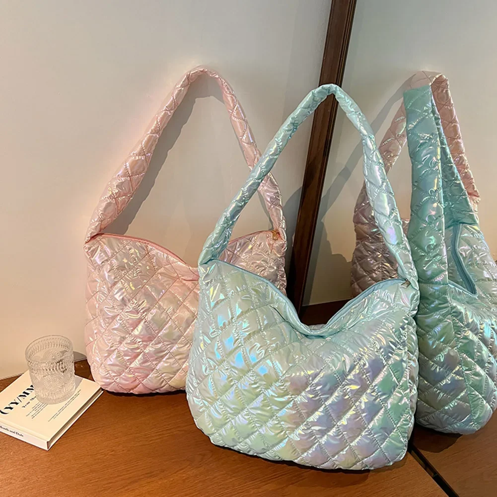 Cotton Padded Women Tote Bag Large-capacity Ladies Tote Handbags Laser Multicolor Rhombus Pattern for Travel Work for Daily Life