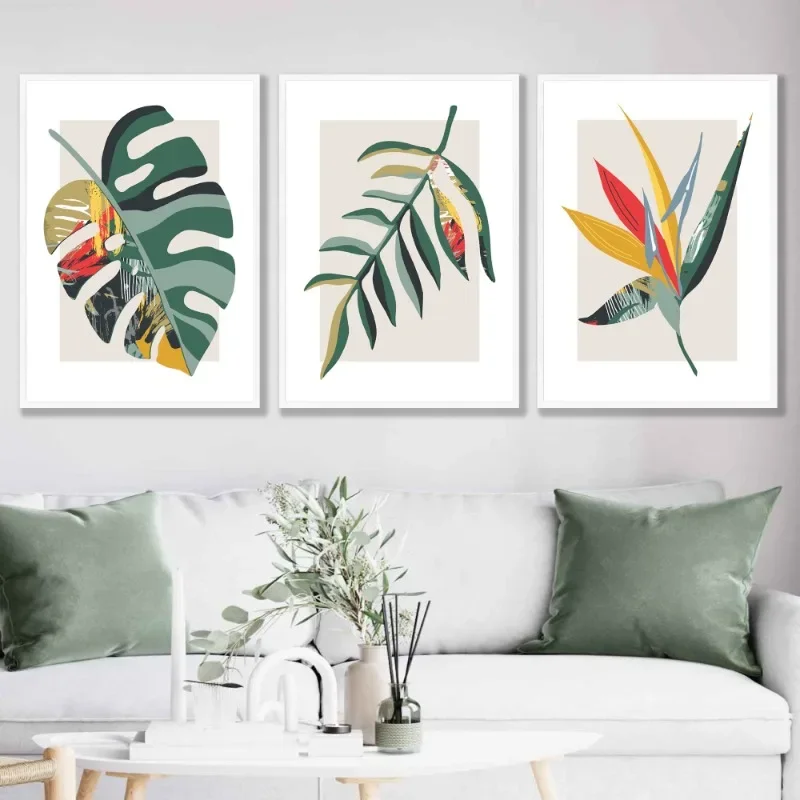 Multiple sizes 1pc frameless Canvas Painting Boho Botanical Tropical Floral Leaf Mid Century Green Beige Yellow Poster Canvas Pr